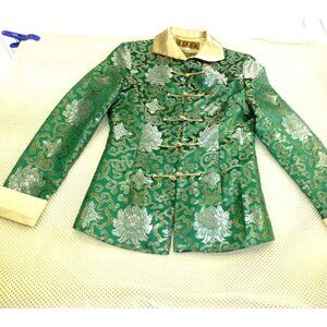 Elegant Green & Gold Asian-Inspired Brocade Jacket With Frog Closures & Satin Ac